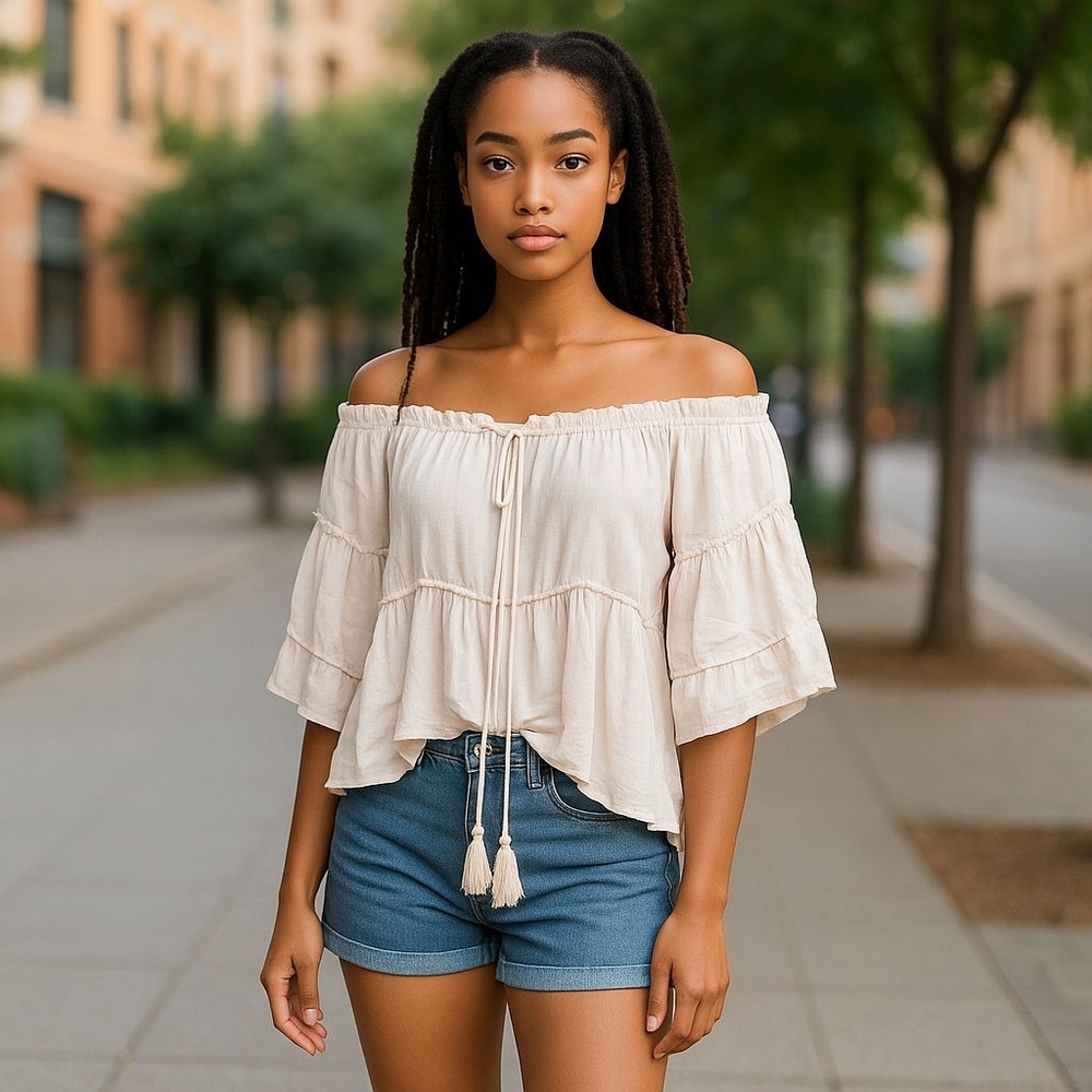 On The Road Cream Off-Shoulder Women's Top - Picture 2 of 4
